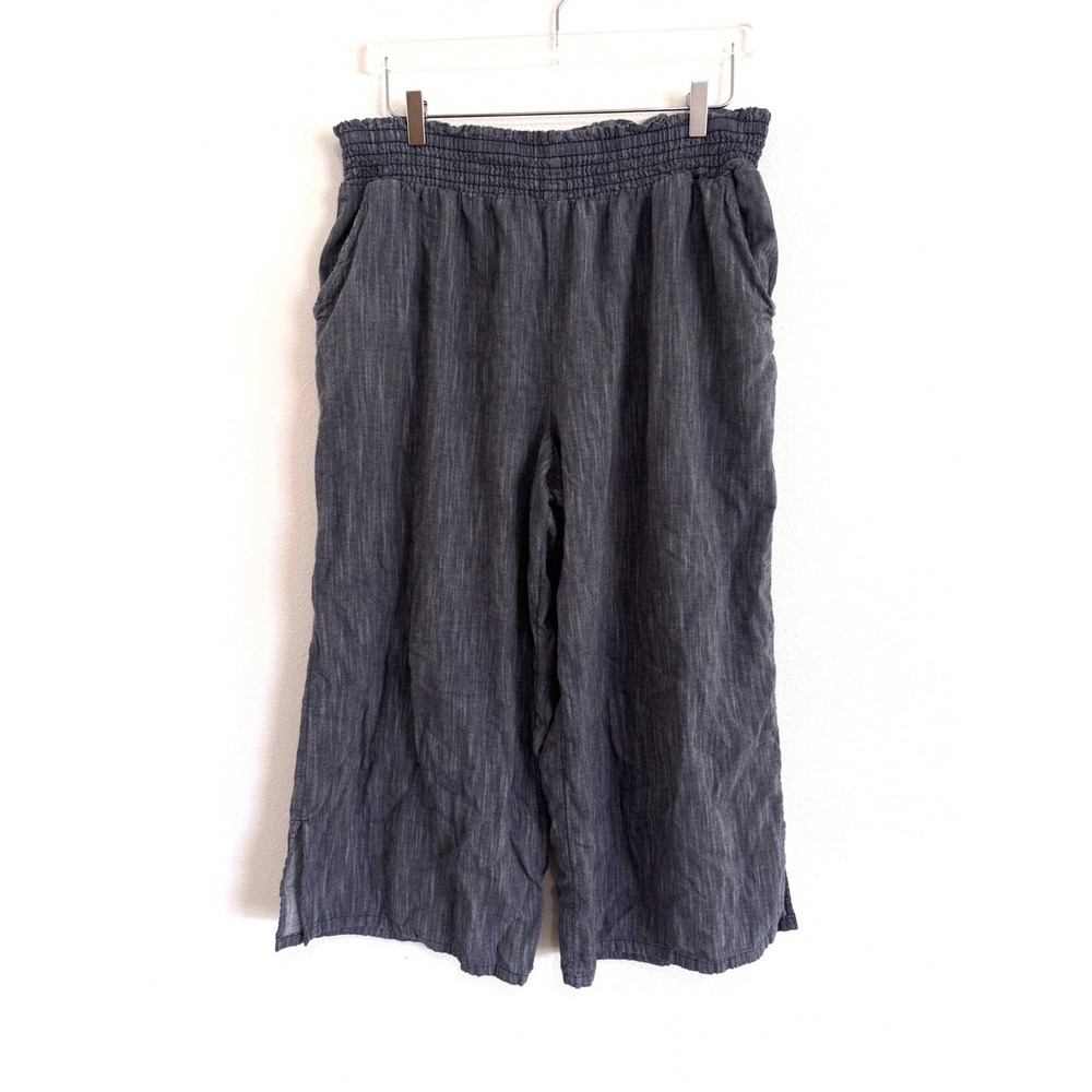 Aerie Smocked Waist Wide Leg Cropped Pants Gray Chambray Pockets